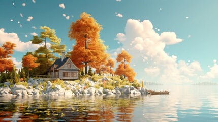 Wall Mural - A house on a small island in the middle of a lake