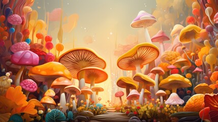 Sticker - A painting of a forest with lots of mushrooms