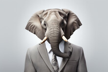 Businessman With Elephant Head In Suit And Tie On Grey Background.