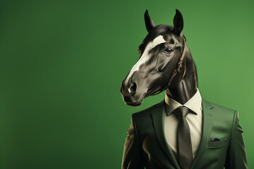 Wall Mural - Portrait of a horse in businessman suit and tie on a isolated background.