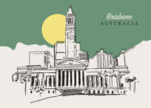 Drawing Sketch Illustration Of The City Council Building Of Brisbane, Australia