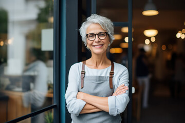 Wall Mural - Happy smiling middle aged older adult woman small local business owner standing outside own cafes.