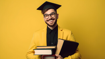 portrait of student isolated on yellow background, graduation concept