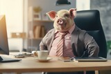 Fototapeta  - a pig in a pink shirt with a tie sits at the office desk, a pig in the office with a tie