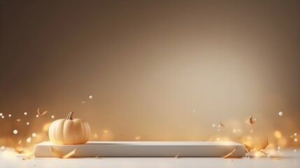 Wall Mural - Halloween pumpkins with golden confetti and bokeh. Festive light beige background.