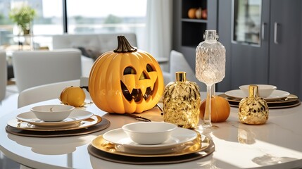 Wall Mural - Halloween pumpkin decorations on a table. Modern bright kitchen.