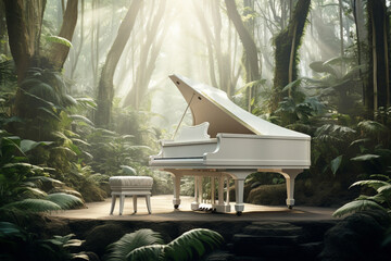 Wall Mural - White piano in the forest with sun light background