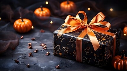 Sticker - Dark present gift box with Halloween decorations. Abstract dark background with copy space.