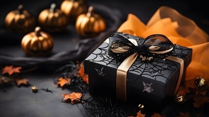 Sticker - Dark present gift box with Halloween decorations. Abstract dark background with copy space.