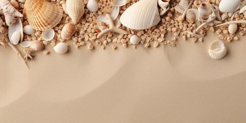 AI Generated. AI Generative. Nautical beach marine seascape sea shell sand island copy space mock up background. Can be used for vacation relax travel inspiration tour