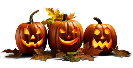 Wall Mural - three halloween Jack-o-lantern pumpkin with autumn leaves, png file of isolated cutout object with shadow on transparent background.