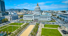 City hall with Civic Center Plaza aerial view on bright summer day with blue sky and clouds