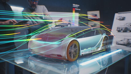 Two automotive engineers check aerodynamics of new electric car using futuristic augmented reality holographic automobile prototype. 3D computer graphics of vehicle high-tech developing and testing.