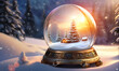 Illustration de globe à neige, village enneigé en hiver,Noël