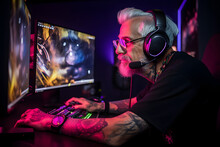 Old Gamer In Front Of A Computer, Illustration For Streaming And Gaming