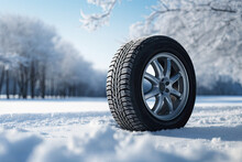 Car wheel with winter tires on snow in the forest. Blank space for product placement or promotional text for sales.