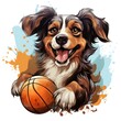 Cute dog Plays basketball in cartoon style on a white background