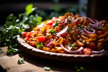 Wall Mural - Burdock root salad, mixed with strips of bell peppers and canned chickpeas, on a rustic wooden table with natural lighting