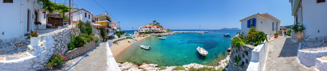 View of Kokkari fishing village with beautiful beach, Samos island, Greece