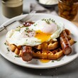 Breakfast sausages with poached eggs and belgian waffles on white plate 
