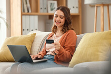 Laptop, Credit Card And Retail With A Woman In Her Home For Bank Payment Or Accounting. Computer, Finance Or Budget With A Happy Young Customer In The Living Room For Ecommerce Or Online Shopping