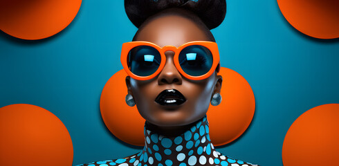 Fashionable glamour African black woman in sunglasses portrait isolated on blue and orange background