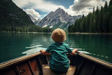 Little Boy In A Boat On Peaceful Lake Outdoor Adventure
