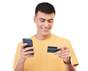 Smartphone, smile and man with credit card for online shopping, fintech and digital banking. Happy customer on mobile, plastic money and financial payment isolated on a transparent png background