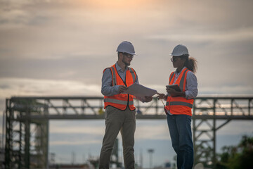 Engineers survey team wearing safety uniform and helmet under conversation document on hand and tablet inspect survey checking construction railway work station with oil refinery factory background.