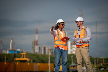 Engineers survey team wearing safety uniform and helmet under conversation document on hand and tablet inspect survey checking construction railway work station with oil refinery factory background.