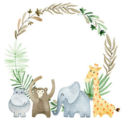 Wall Mural - Baby shower card. Watercolor wreath with safari animals.