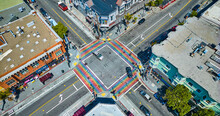 Rainbow Crosswalks In Castro District Aerial Downward View With Shops