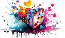 Illustration Of A Dice And A Heart Covered In Neon Splashes On A White Background, Generative Ai