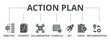 © Uniconlabs - Action plan web banner icon vector illustration concept with objective, strategy, collaboration, schedule, act, launch, check, and implementation icon
