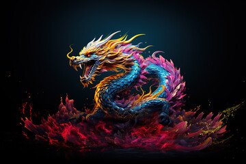 Wall Mural - Image of fantasy colorful china dragon. Mythical creatures.  Illustration, Generative AI.