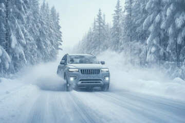 Snowstorm Travel: SUV on Highway