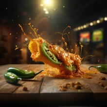 Pickled Jalapeño Slice Dipped In Spicy Nacho Cheese With Splashes And Waves