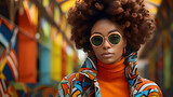 Fototapeta  - African woman with rainbow colors make up, wearing fashionable colorful sunglasses, in style of afrofuturism