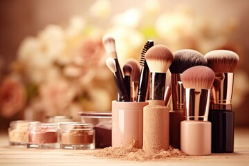 Wall Mural - Make up brushes set and powder with abstract background.