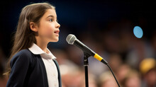 Young Kid Girl Participating In A National Spelling Bee Competition. She Stands Confidently At The Microphone On Stage, Spelling Challenging Words With Precision In Front Of The Audience