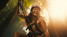 Young Woman Engaged In A Thrilling Ziplining Adventure Through A Dense Rainforest Canopy. She Soars Above The Treetops, Her Laughter And Excitement Echoing Through The Jungle.