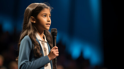 Wall Mural - Young kid girl participating in a national spelling bee competition. She stands confidently at the microphone on stage, spelling challenging words with precision in front of the audience