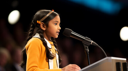 Wall Mural - Young kid girl participating in a national spelling bee competition. She stands confidently at the microphone on stage, spelling challenging words with precision in front of the audience