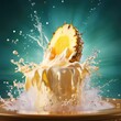 Pineapple slice dipped in piña colada with splashes and waves