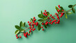 Red mistletoe on green background top view in flat lay style. Greeting for Women or Christmas Day or Xmas Sale Banner. Copyspace.