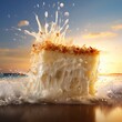 Coconut slice immersed in piña colada with splashes and waves