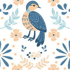 Wall Mural - Seamless pattern with stylized small cartoon bird blue pattern cute animal design vector illustration on white background