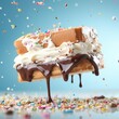 Ice cream sandwich submerged in sprinkles with splashes and waves
