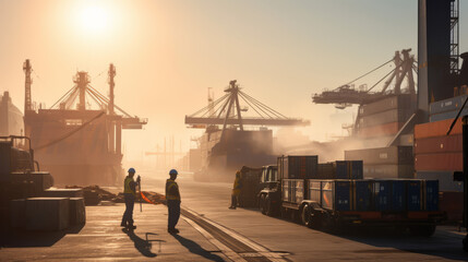 Dock workers, cargo containers, port, shipping, freight, industry, transportation, team, labor, logistics, harbor