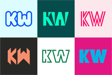 Set of letter KW logos. Abstract logos collection with letters. Geometrical abstract logos